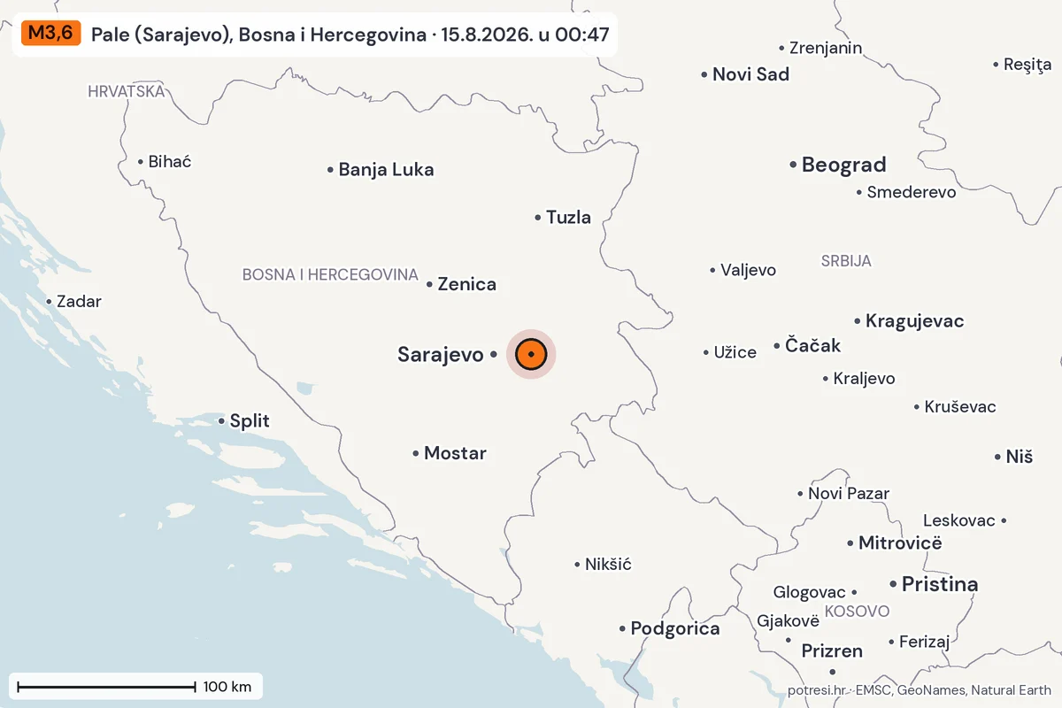 Karta: šire područje, 600 km, potres M3,6, Pale (Sarajevo), Bosna i Hercegovina, 15.8.2026.