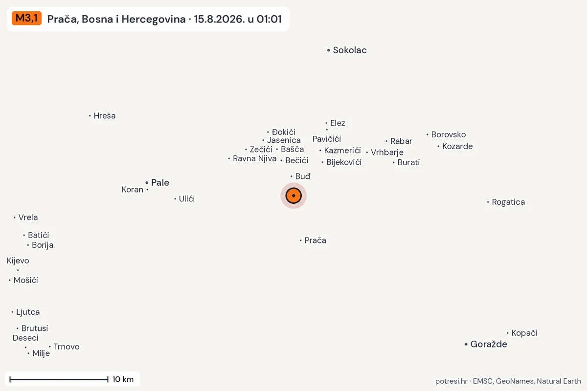 Karta: okolica epicentra, 60 km, potres M3,1, Prača, Bosna i Hercegovina, 15.8.2026.