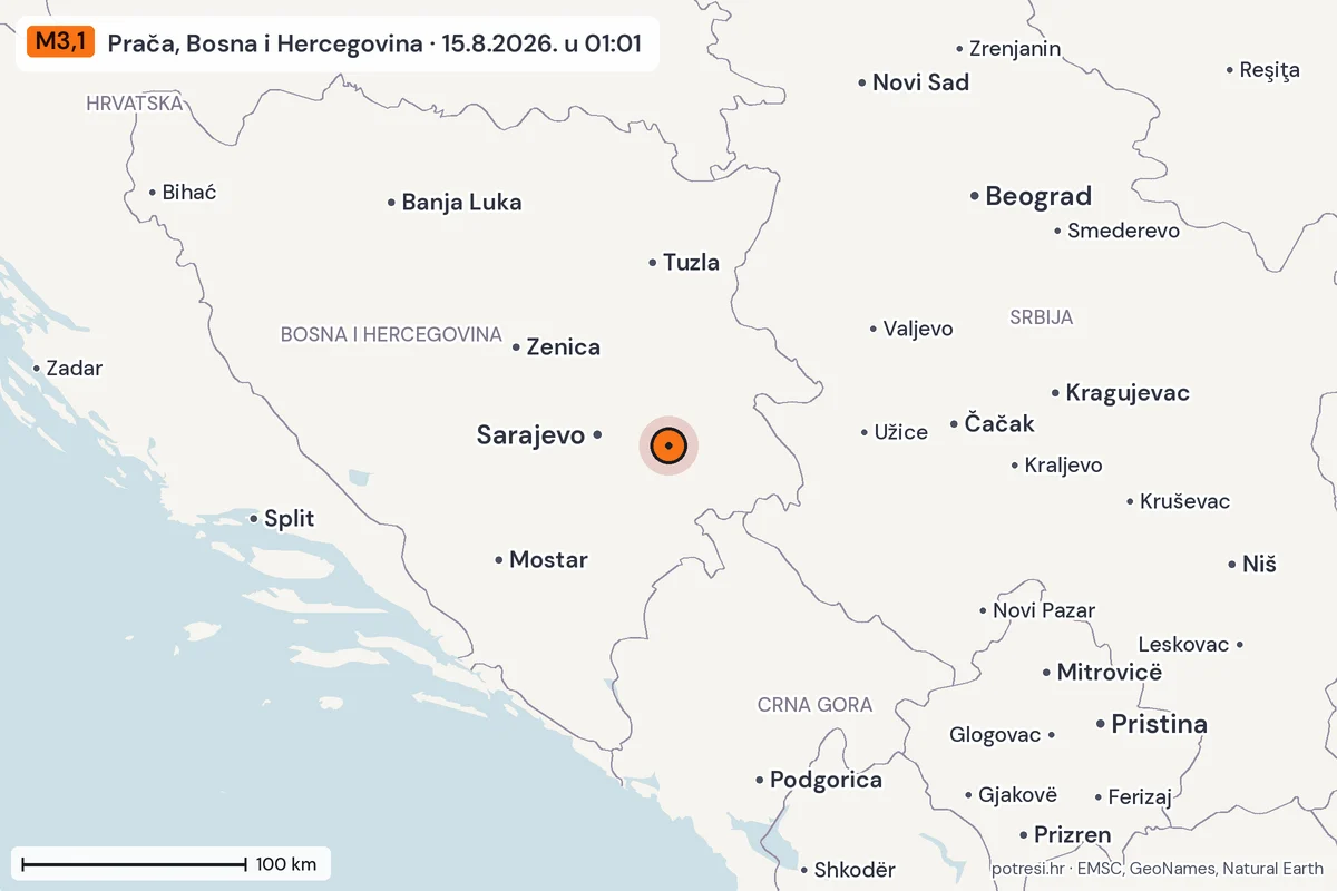 Karta: šire područje, 600 km, potres M3,1, Prača, Bosna i Hercegovina, 15.8.2026.