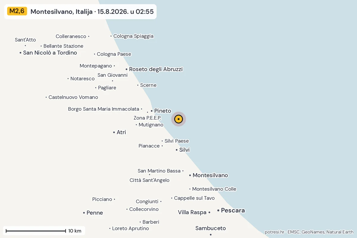Karta: okolica epicentra, 60 km, potres M2,6, Montesilvano, Italija, 15.8.2026.