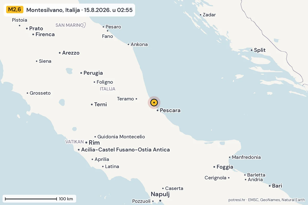 Karta: šire područje, 600 km, potres M2,6, Montesilvano, Italija, 15.8.2026.