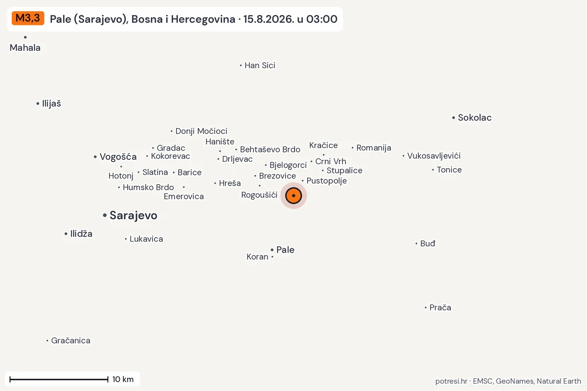 Karta: okolica epicentra, 60 km, potres M3,3, Pale (Sarajevo), Bosna i Hercegovina, 15.8.2026.