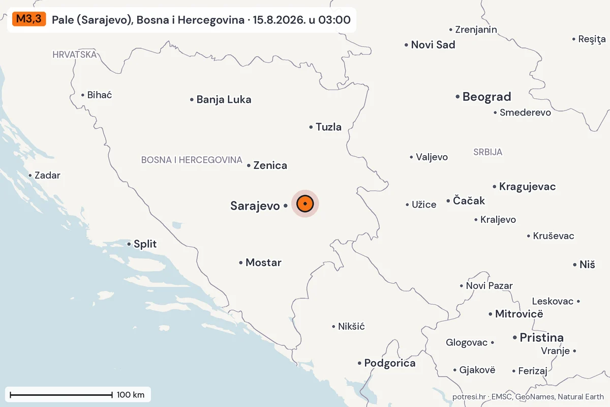 Karta: šire područje, 600 km, potres M3,3, Pale (Sarajevo), Bosna i Hercegovina, 15.8.2026.