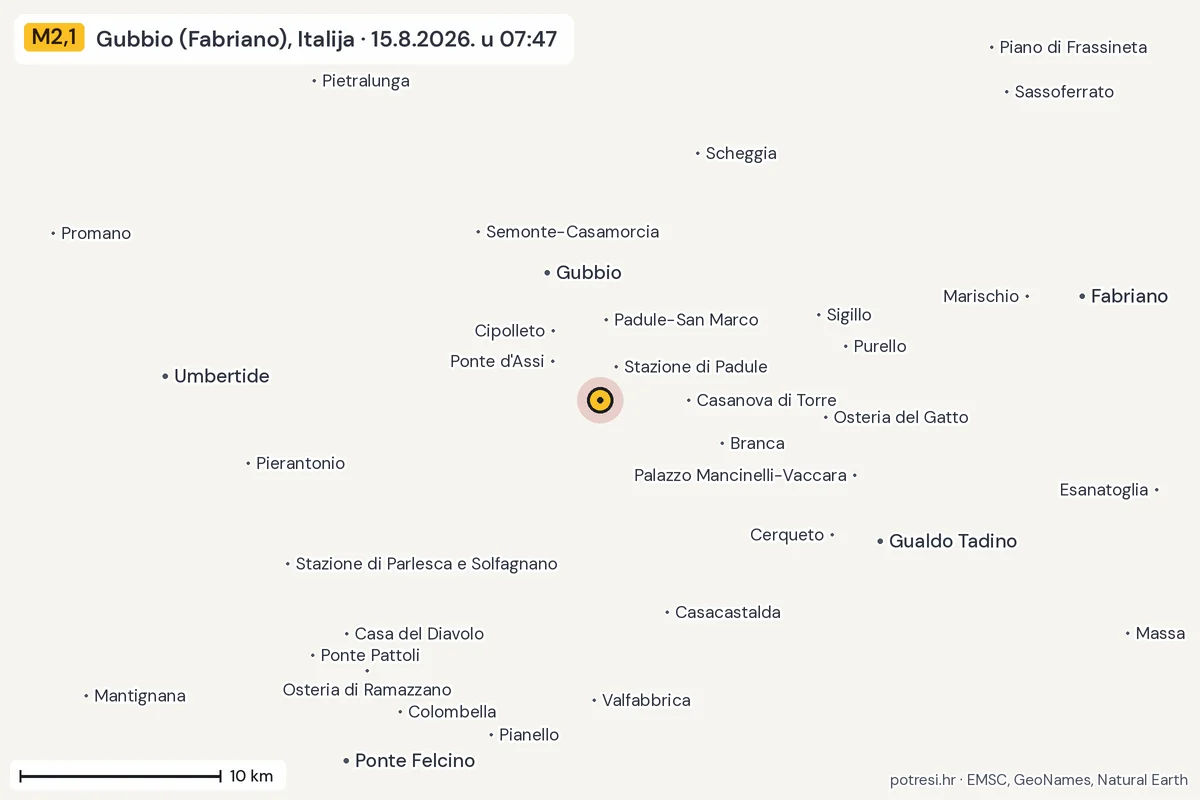 Karta: okolica epicentra, 60 km, potres M2,1, Gubbio (Fabriano), Italija, 15.8.2026.