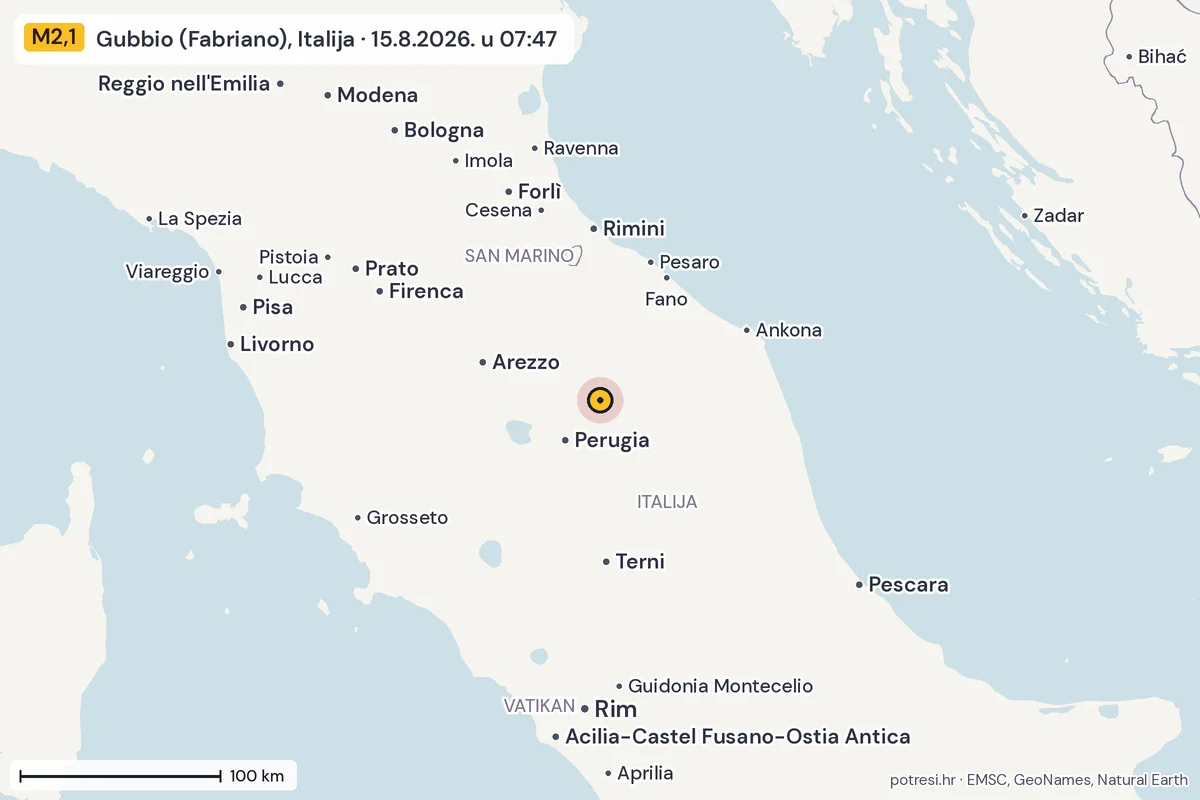 Karta: šire područje, 600 km, potres M2,1, Gubbio (Fabriano), Italija, 15.8.2026.