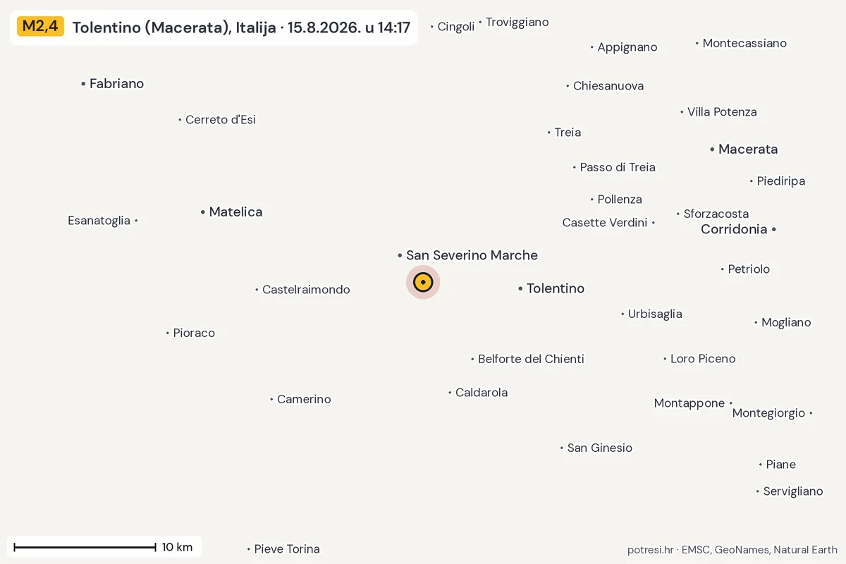 Karta: okolica epicentra, 60 km, potres M2,4, Tolentino (Macerata), Italija, 15.8.2026.