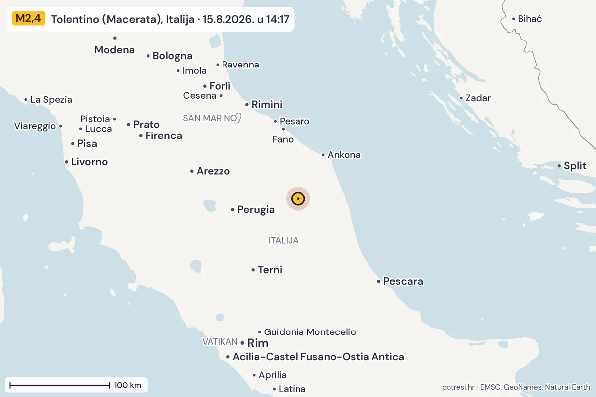 Karta: šire područje, 600 km, potres M2,4, Tolentino (Macerata), Italija, 15.8.2026.