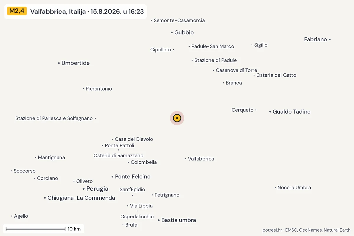 Karta: okolica epicentra, 60 km, potres M2,4, Valfabbrica, Italija, 15.8.2026.