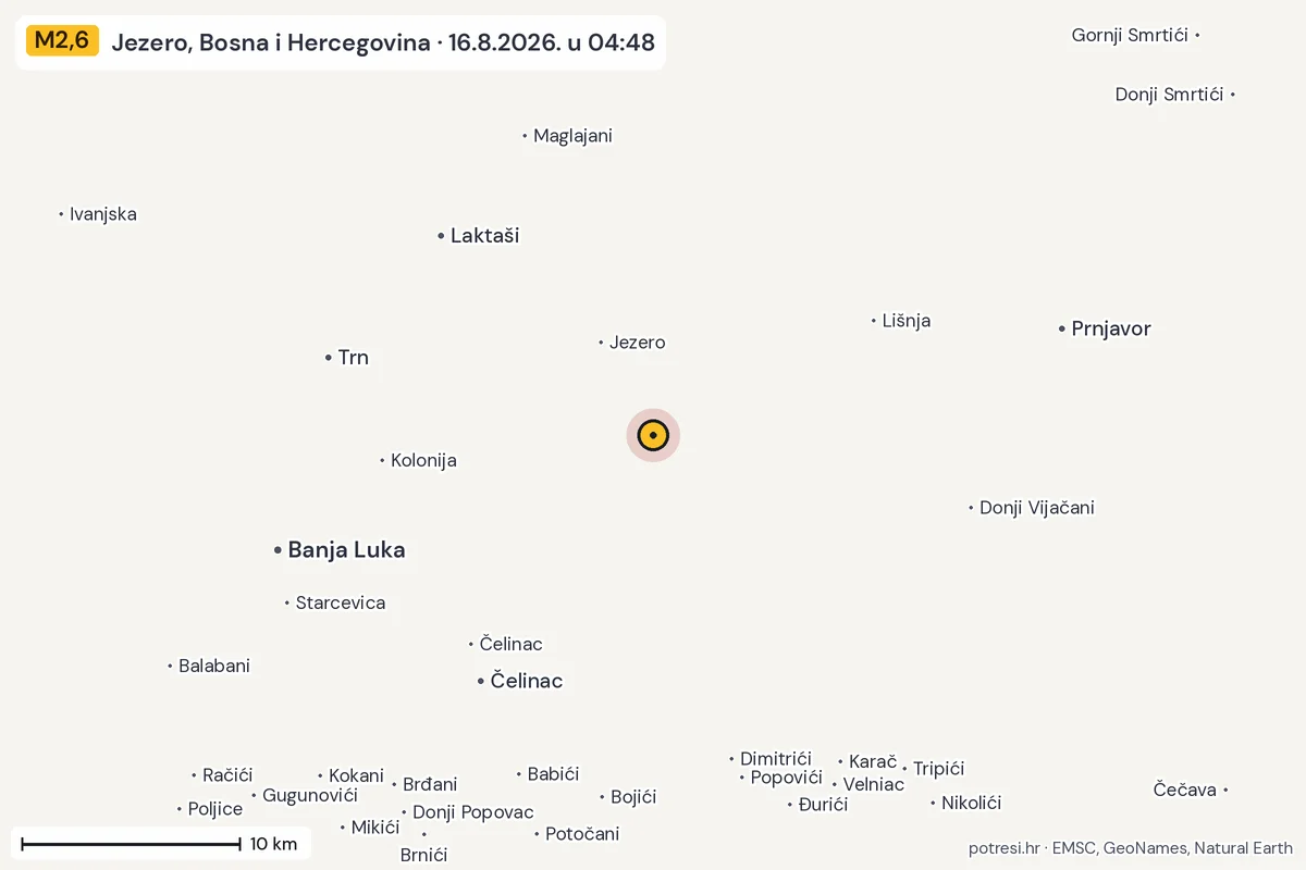Karta: okolica epicentra, 60 km, potres M2,6, Jezero, Bosna i Hercegovina, 16.8.2026.