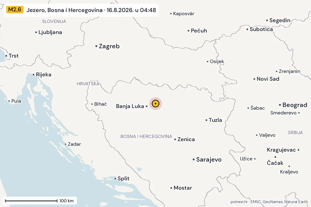 Karta: šire područje, 600 km, potres M2,6, Jezero, Bosna i Hercegovina, 16.8.2026.