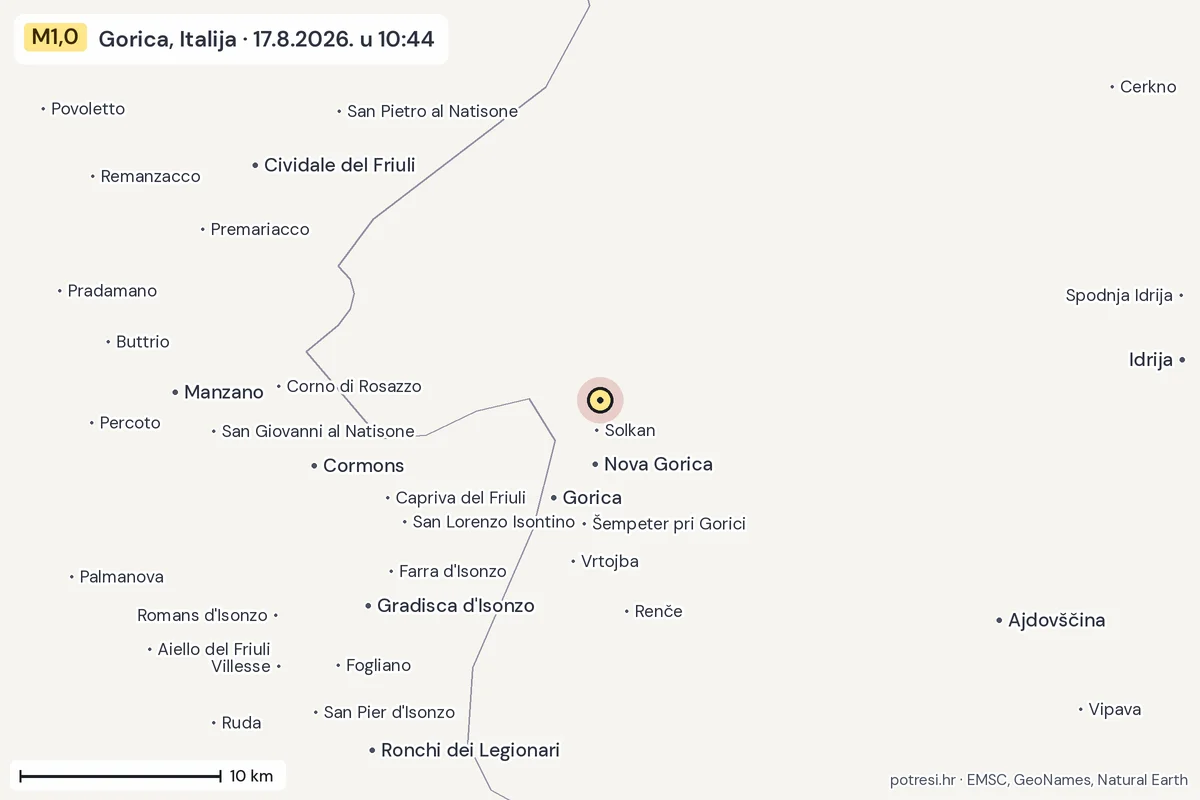 Karta: okolica epicentra, 60 km, potres M1,0, Gorica, Italija, 17.8.2026.