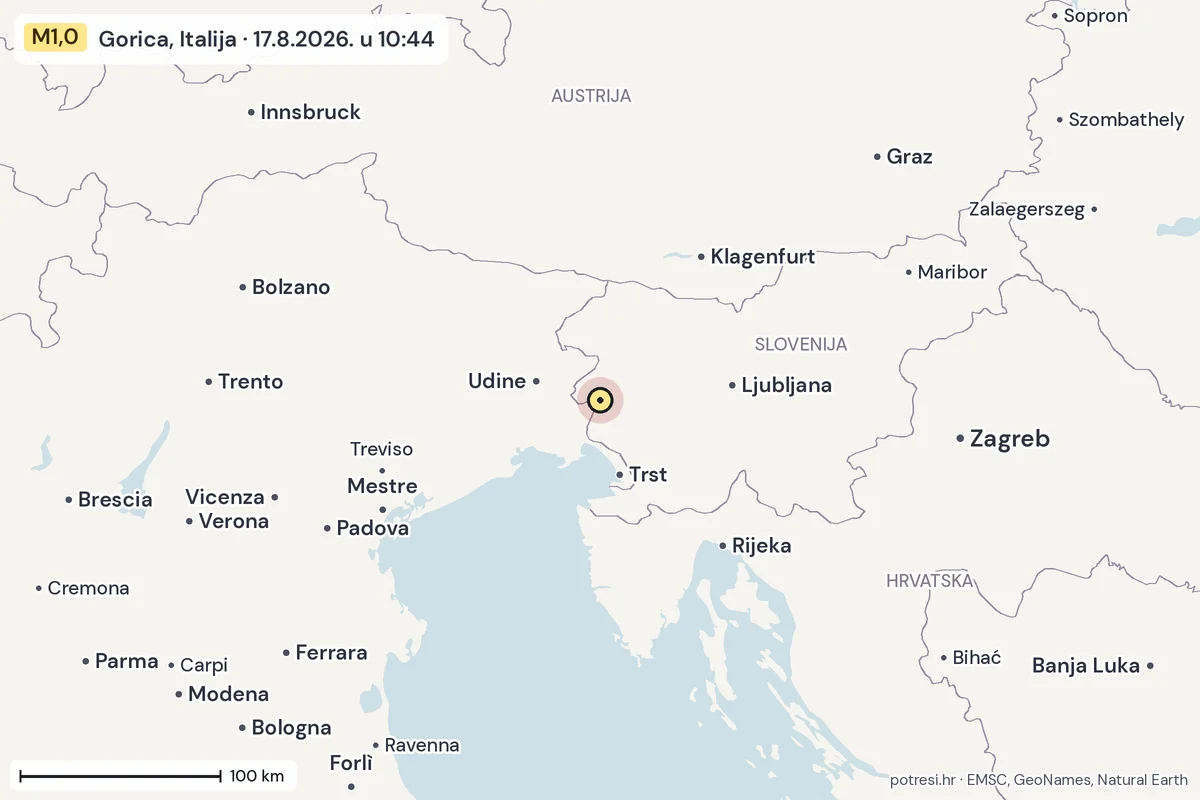 Karta: šire područje, 600 km, potres M1,0, Gorica, Italija, 17.8.2026.
