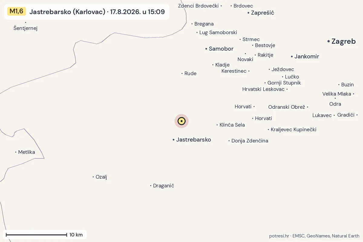 Karta: okolica epicentra, 60 km, potres M1,6, Jastrebarsko (Karlovac), 17.8.2026.
