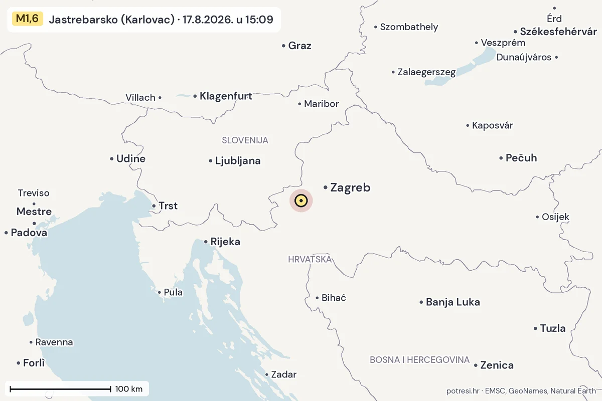 Karta: šire područje, 600 km, potres M1,6, Jastrebarsko (Karlovac), 17.8.2026.