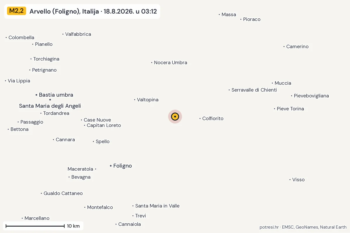 Karta: okolica epicentra, 60 km, potres M2,2, Arvello (Foligno), Italija, 18.8.2026.