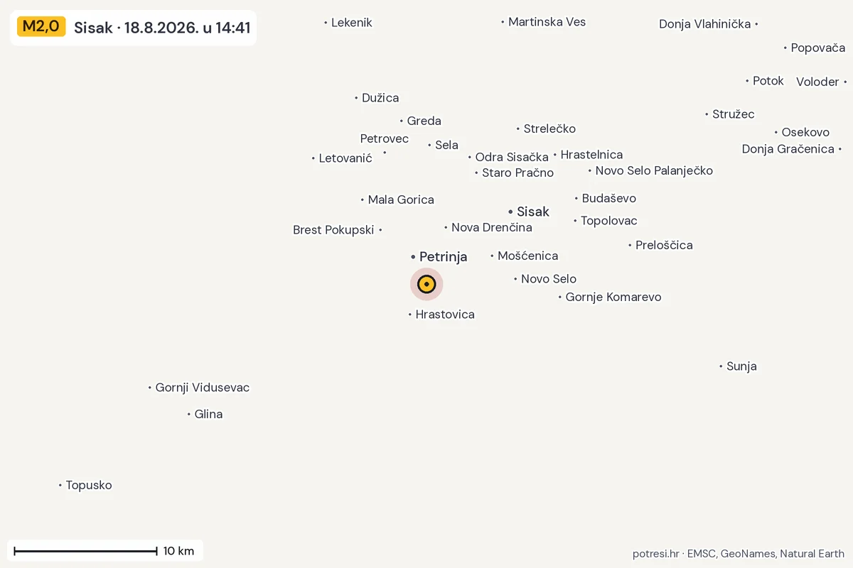 Karta: okolica epicentra, 60 km, potres M2,0, Sisak, 18.8.2026.