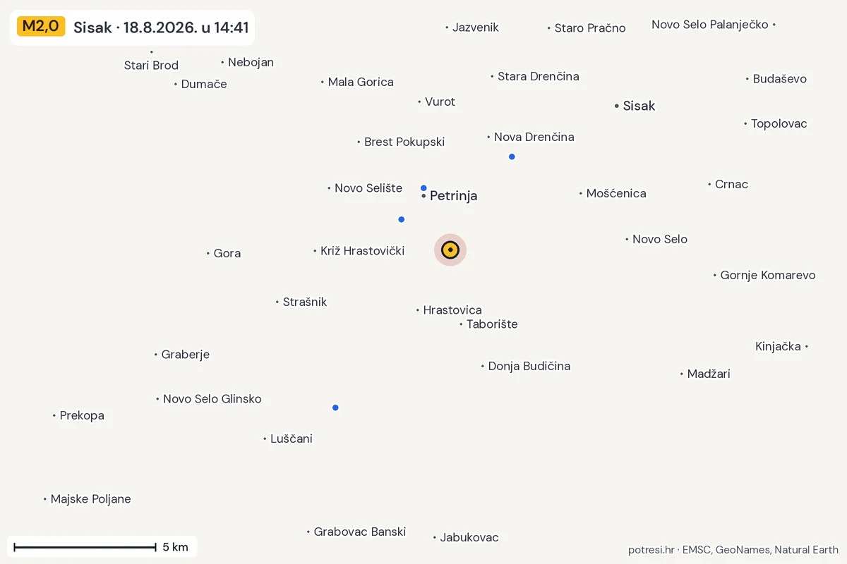 Karta: izvješća građana, potres M2,0, Sisak, 18.8.2026.