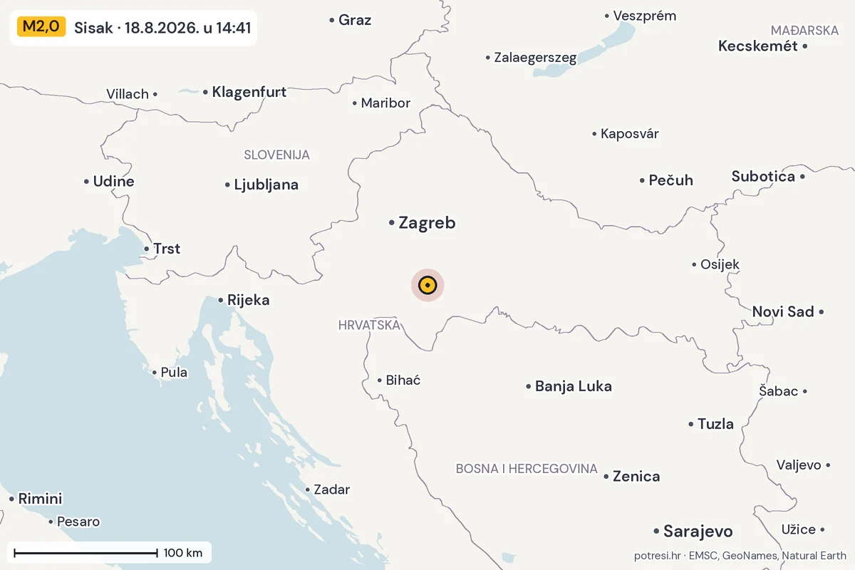 Karta: šire područje, 600 km, potres M2,0, Sisak, 18.8.2026.