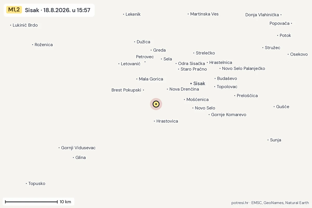 Karta: okolica epicentra, 60 km, potres M1,2, Sisak, 18.8.2026.