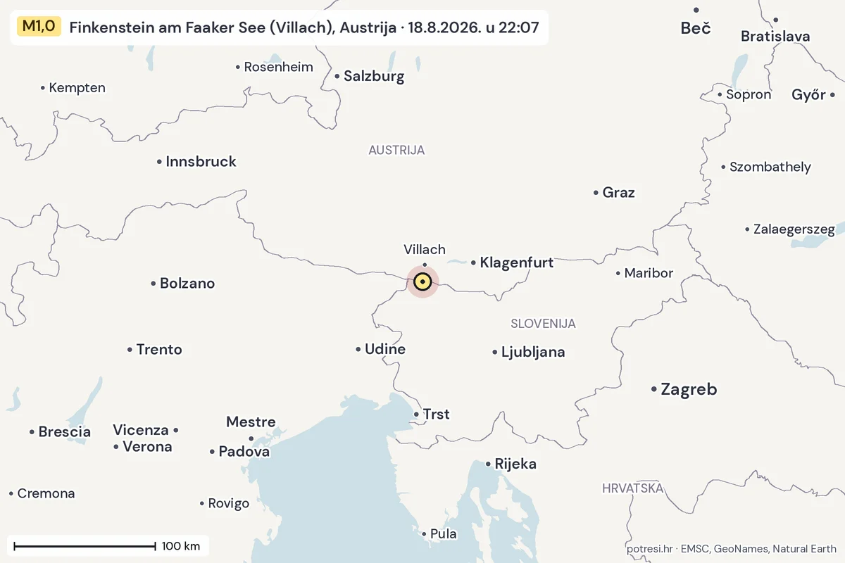 Karta: šire područje, 600 km, potres M1,0, Finkenstein am Faaker See (Villach), Austrija, 18.8.2026.