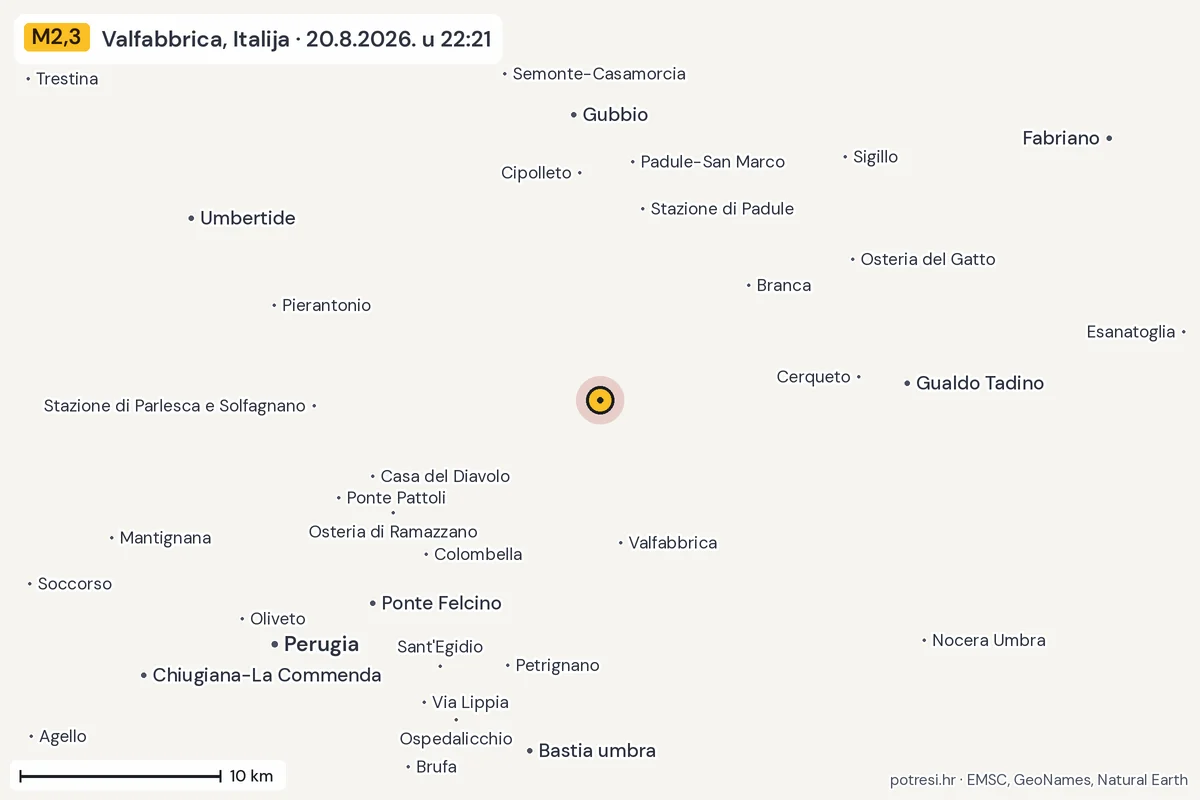 Karta: okolica epicentra, 60 km, potres M2,3, Valfabbrica, Italija, 20.8.2026.