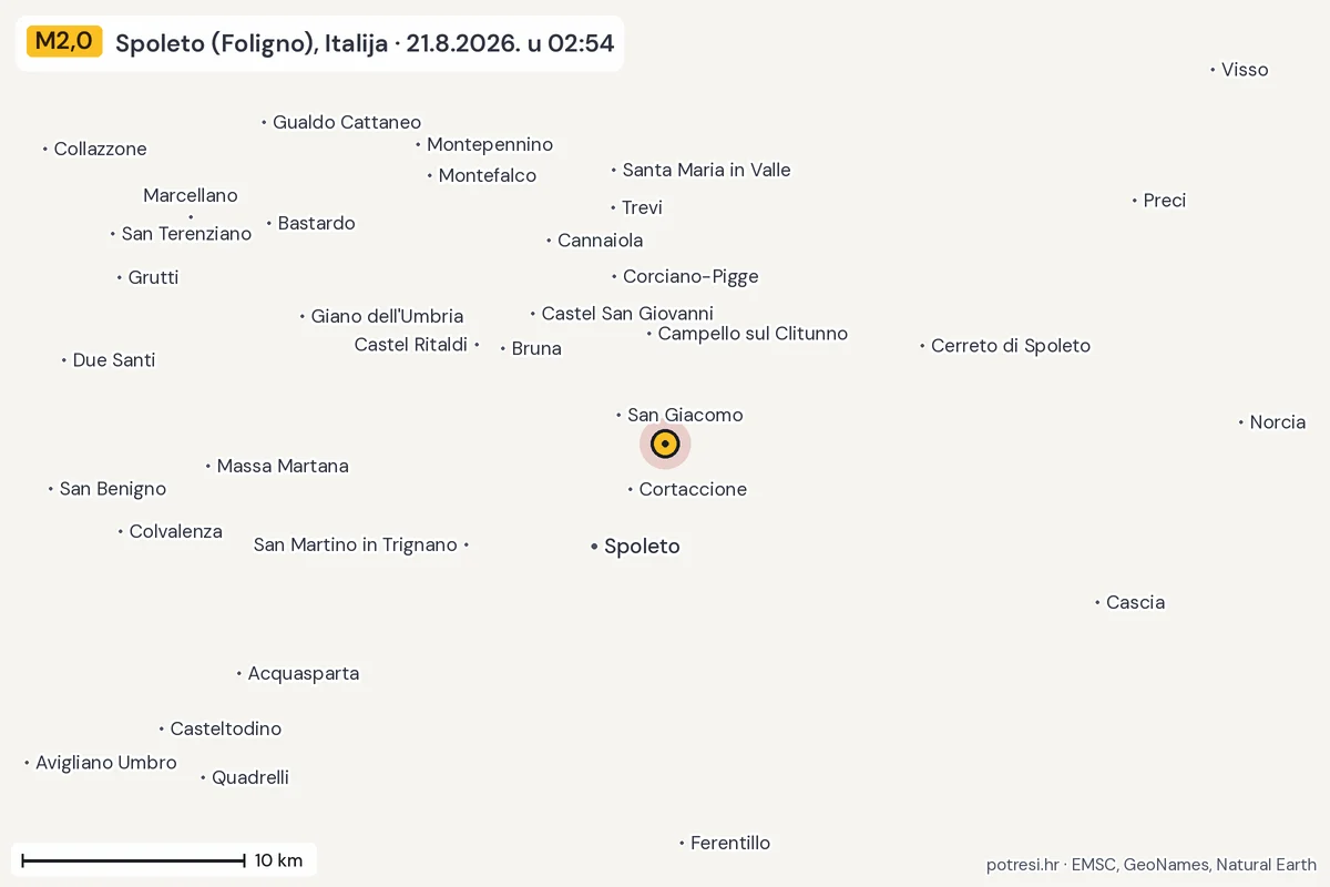 Karta: okolica epicentra, 60 km, potres M2,0, Spoleto (Foligno), Italija, 21.8.2026.