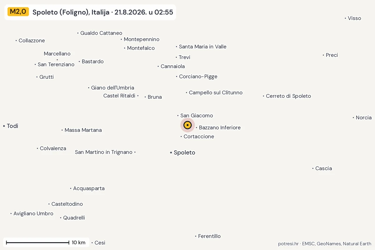 Karta: okolica epicentra, 60 km, potres M2,0, Spoleto (Foligno), Italija, 21.8.2026.