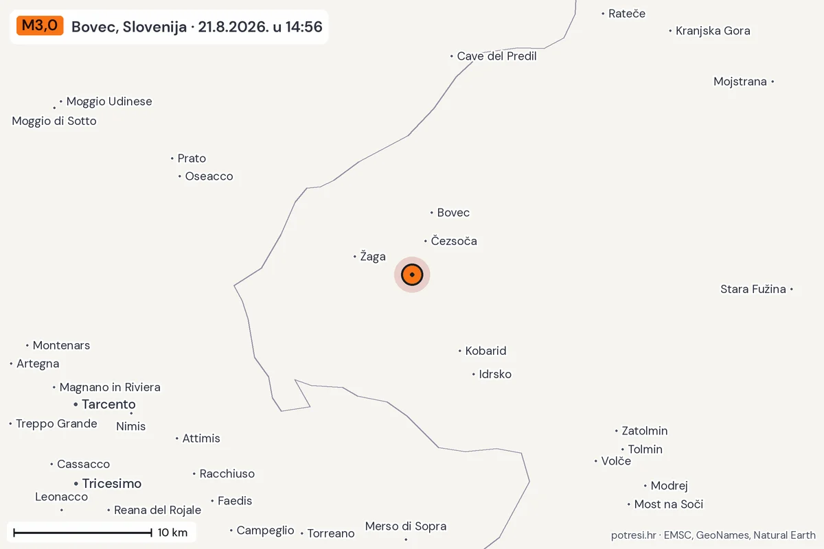 Karta: okolica epicentra, 60 km, potres M3,0, Bovec, Slovenija, 21.8.2026.