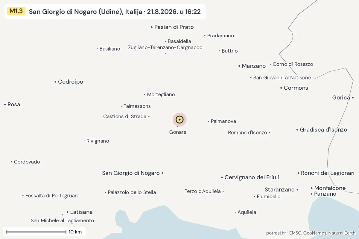 Karta: okolica epicentra, 60 km, potres M1,3, San Giorgio di Nogaro (Udine), Italija, 21.8.2026.
