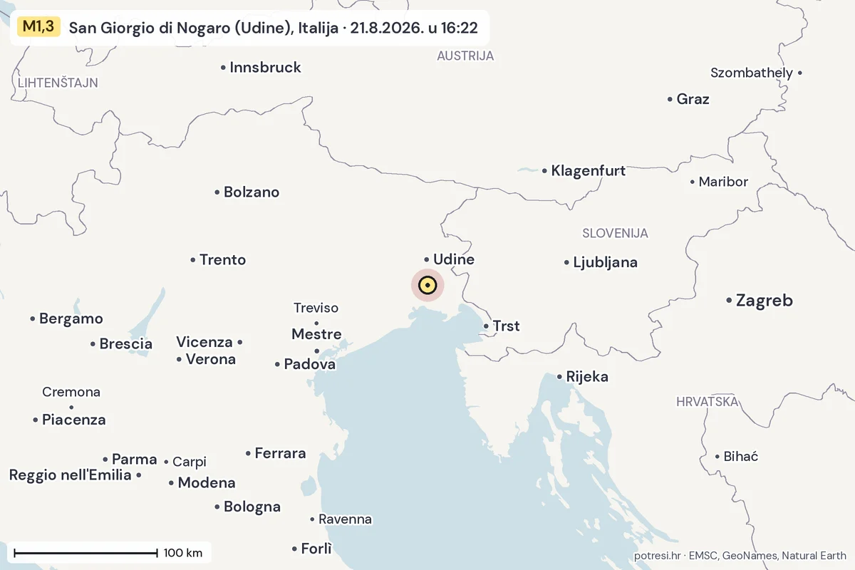 Karta: šire područje, 600 km, potres M1,3, San Giorgio di Nogaro (Udine), Italija, 21.8.2026.