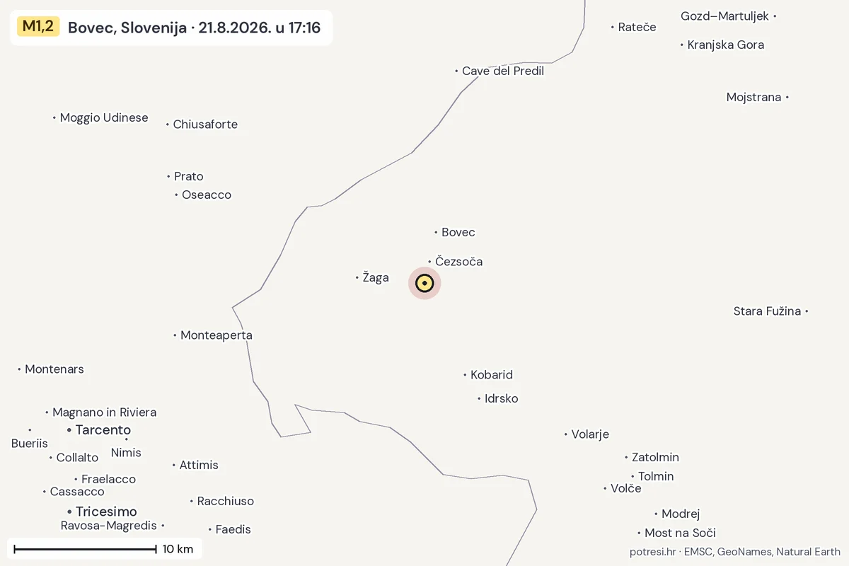Karta: okolica epicentra, 60 km, potres M1,2, Bovec, Slovenija, 21.8.2026.