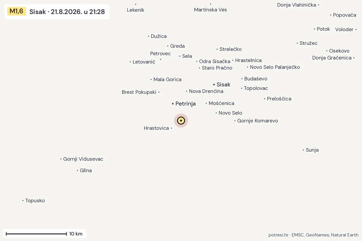 Karta: okolica epicentra, 60 km, potres M1,6, Sisak, 21.8.2026.