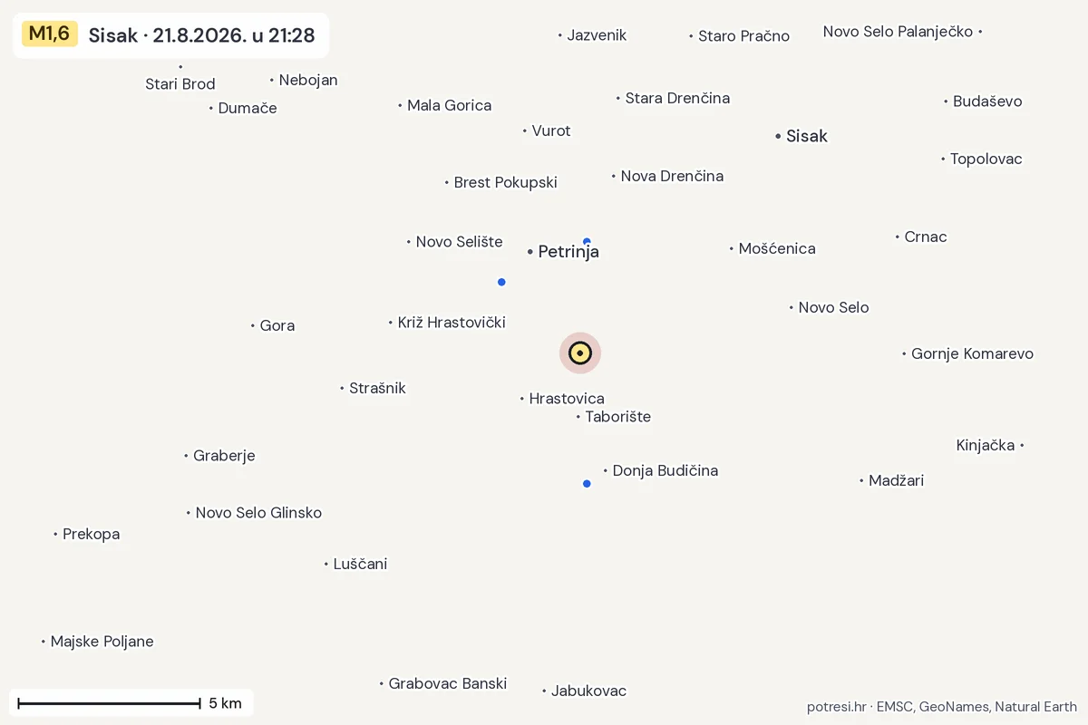 Karta: izvješća građana, potres M1,6, Sisak, 21.8.2026.
