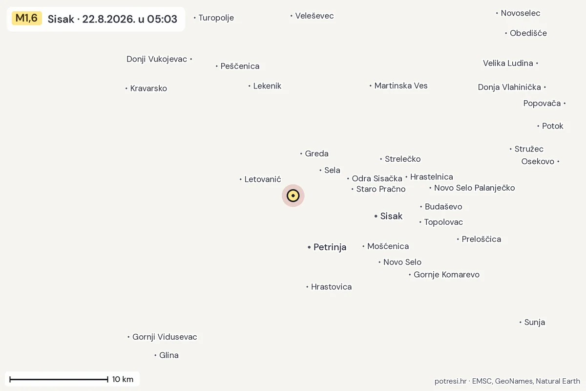 Karta: okolica epicentra, 60 km, potres M1,6, Sisak, 22.8.2026.