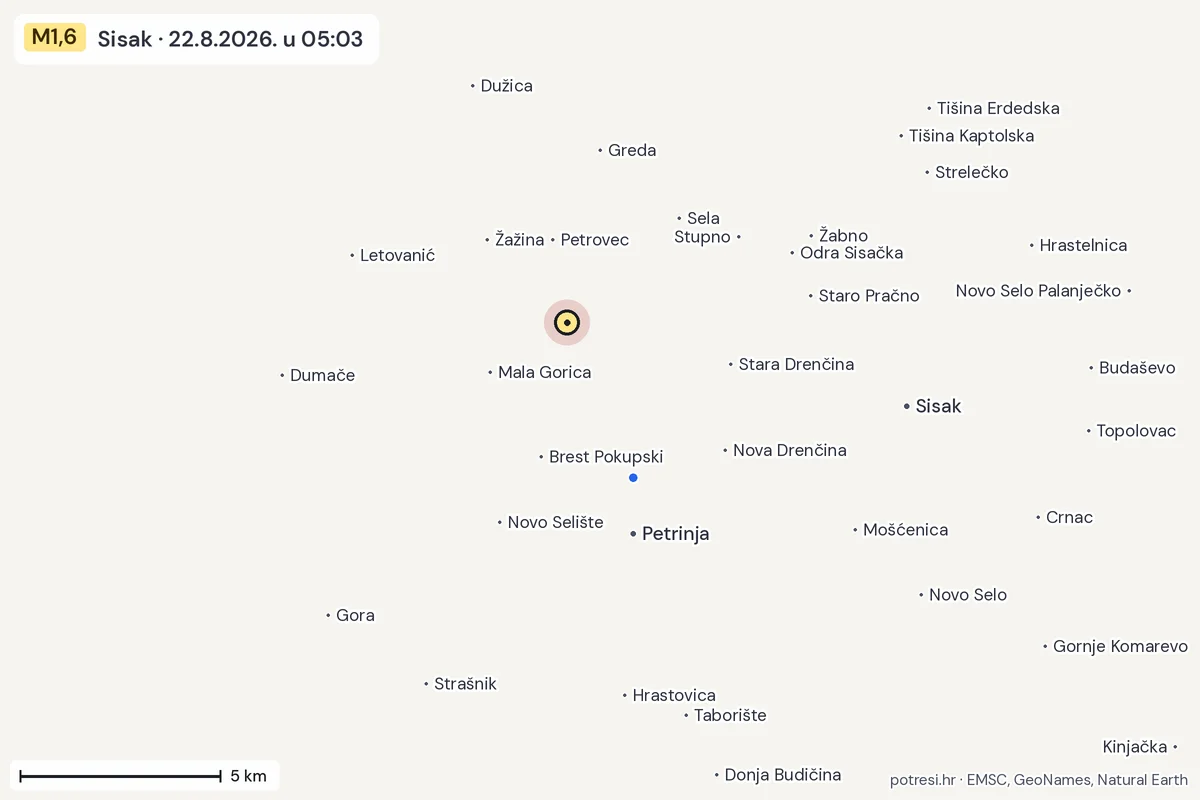 Karta: izvješća građana, potres M1,6, Sisak, 22.8.2026.