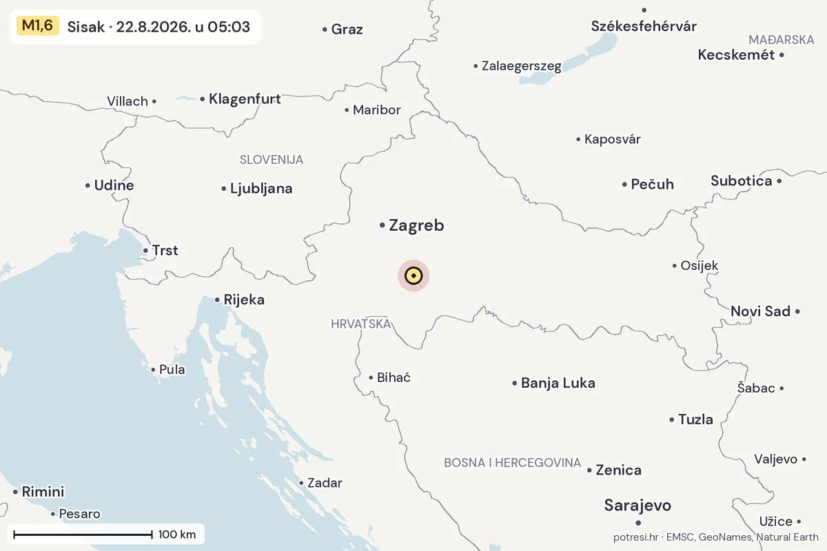 Karta: šire područje, 600 km, potres M1,6, Sisak, 22.8.2026.