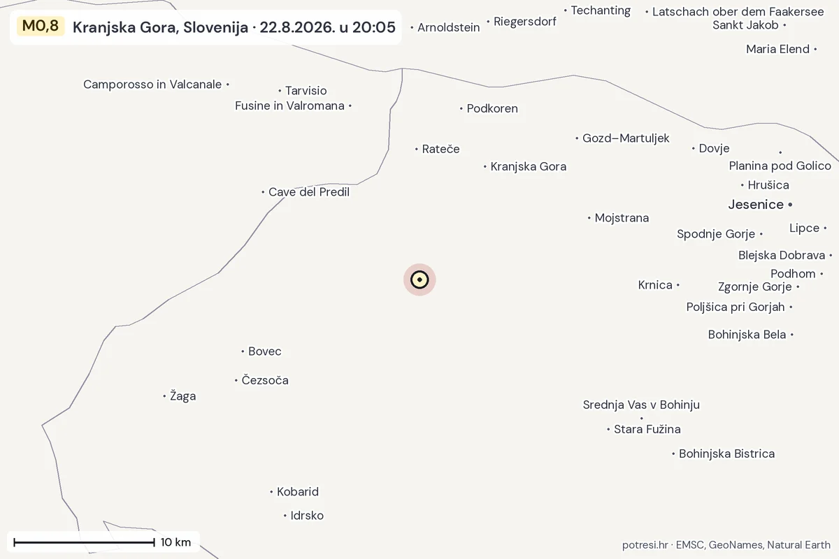 Karta: okolica epicentra, 60 km, potres M0,8, Kranjska Gora, Slovenija, 22.8.2026.