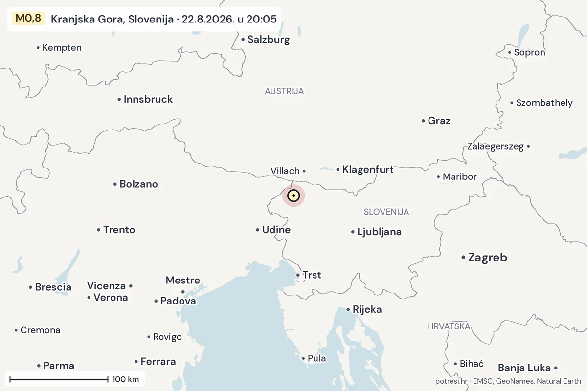 Karta: šire područje, 600 km, potres M0,8, Kranjska Gora, Slovenija, 22.8.2026.