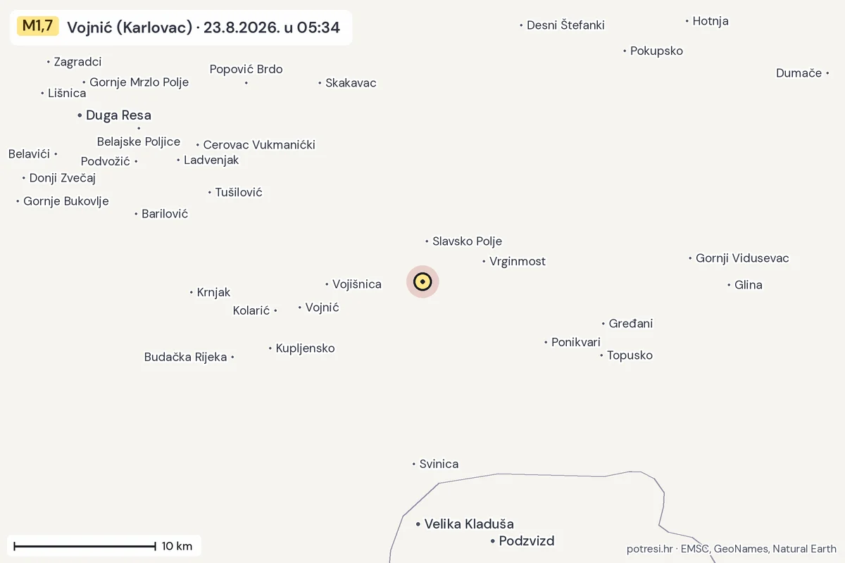 Karta: okolica epicentra, 60 km, potres M1,7, Vojnić (Karlovac), 23.8.2026.