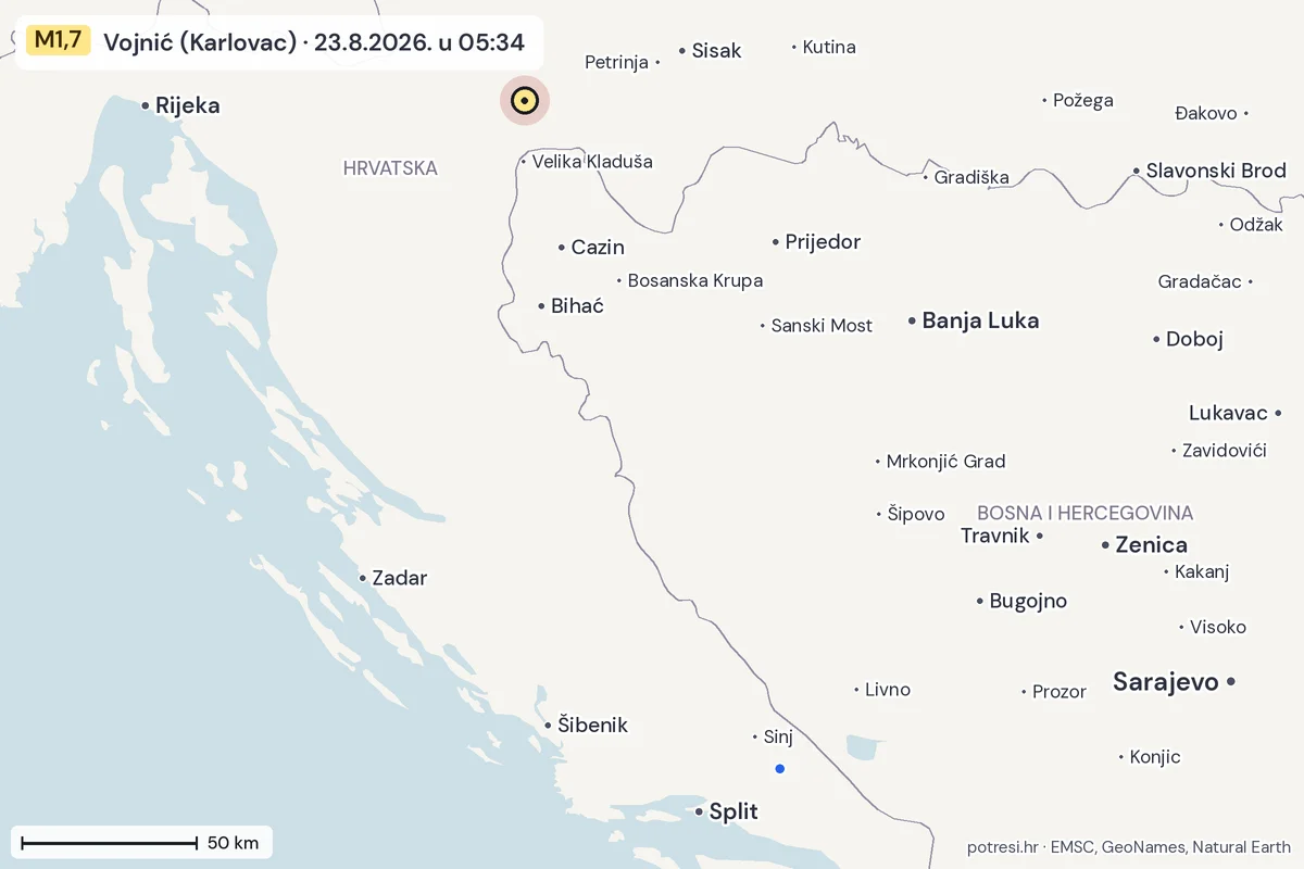 Karta: izvješća građana, potres M1,7, Vojnić (Karlovac), 23.8.2026.
