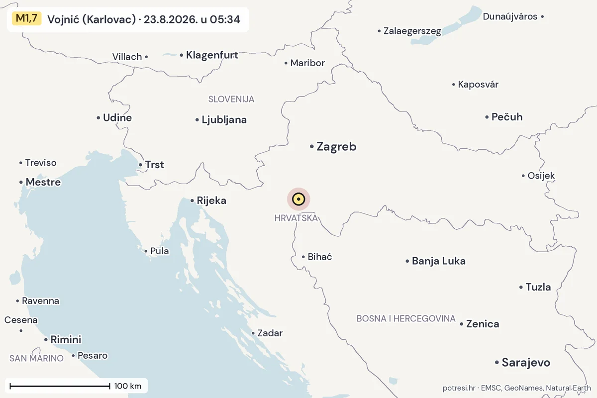 Karta: šire područje, 600 km, potres M1,7, Vojnić (Karlovac), 23.8.2026.