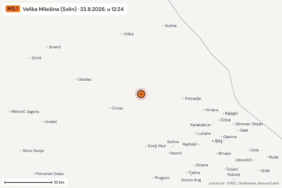 Karta: okolica epicentra, 60 km, potres M3,1, Velika Milešina (Solin), 23.8.2026.