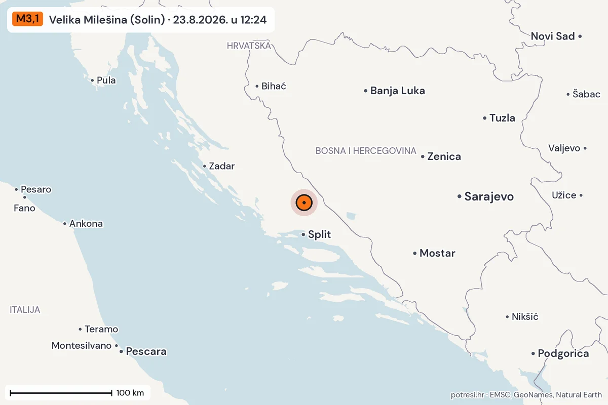 Karta: šire područje, 600 km, potres M3,1, Velika Milešina (Solin), 23.8.2026.