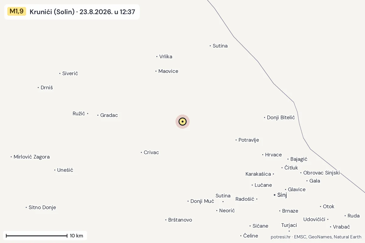 Karta: okolica epicentra, 60 km, potres M1,9, Krunići (Solin), 23.8.2026.