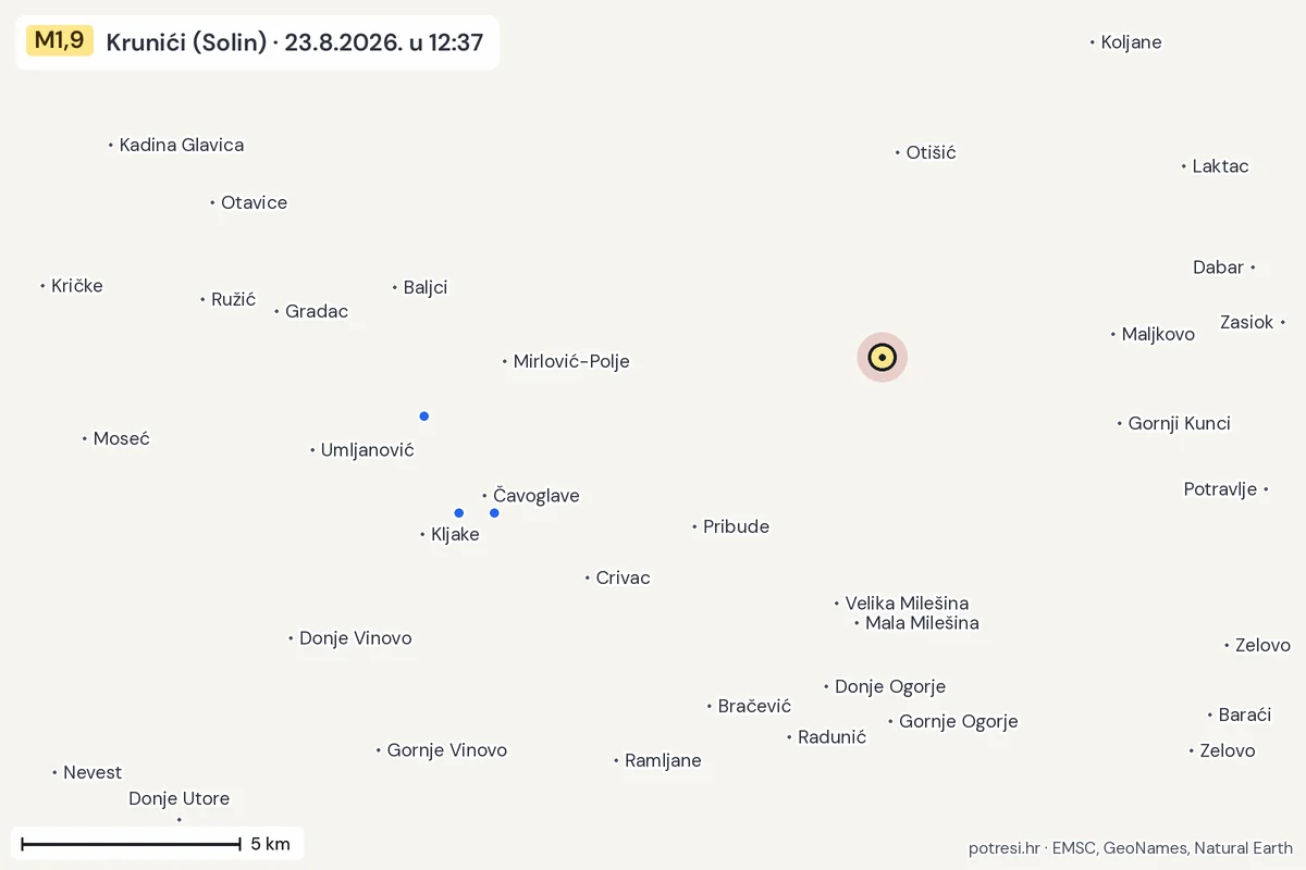 Karta: izvješća građana, potres M1,9, Krunići (Solin), 23.8.2026.