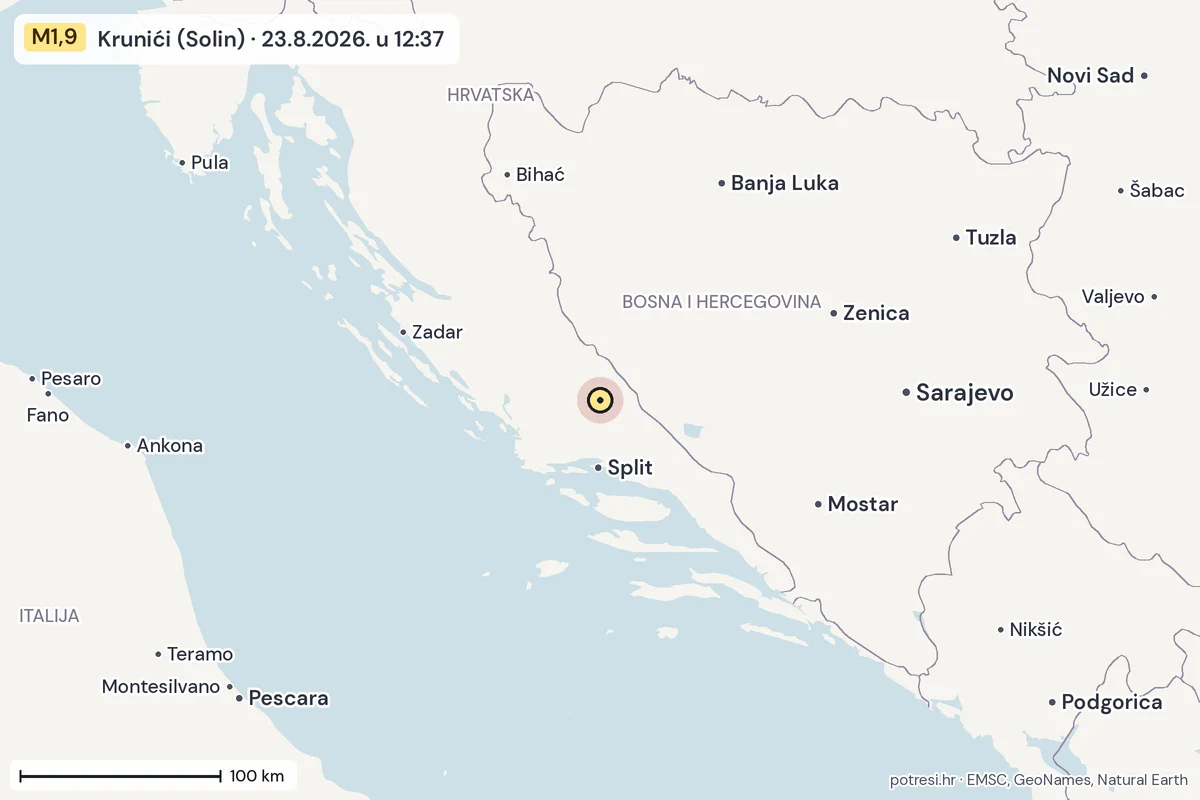 Karta: šire područje, 600 km, potres M1,9, Krunići (Solin), 23.8.2026.