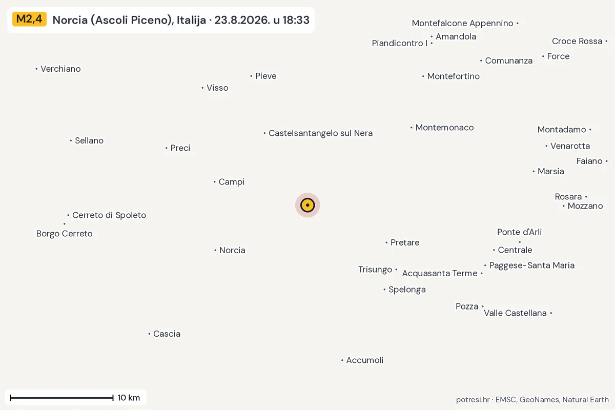 Karta: okolica epicentra, 60 km, potres M2,4, Norcia (Ascoli Piceno), Italija, 23.8.2026.