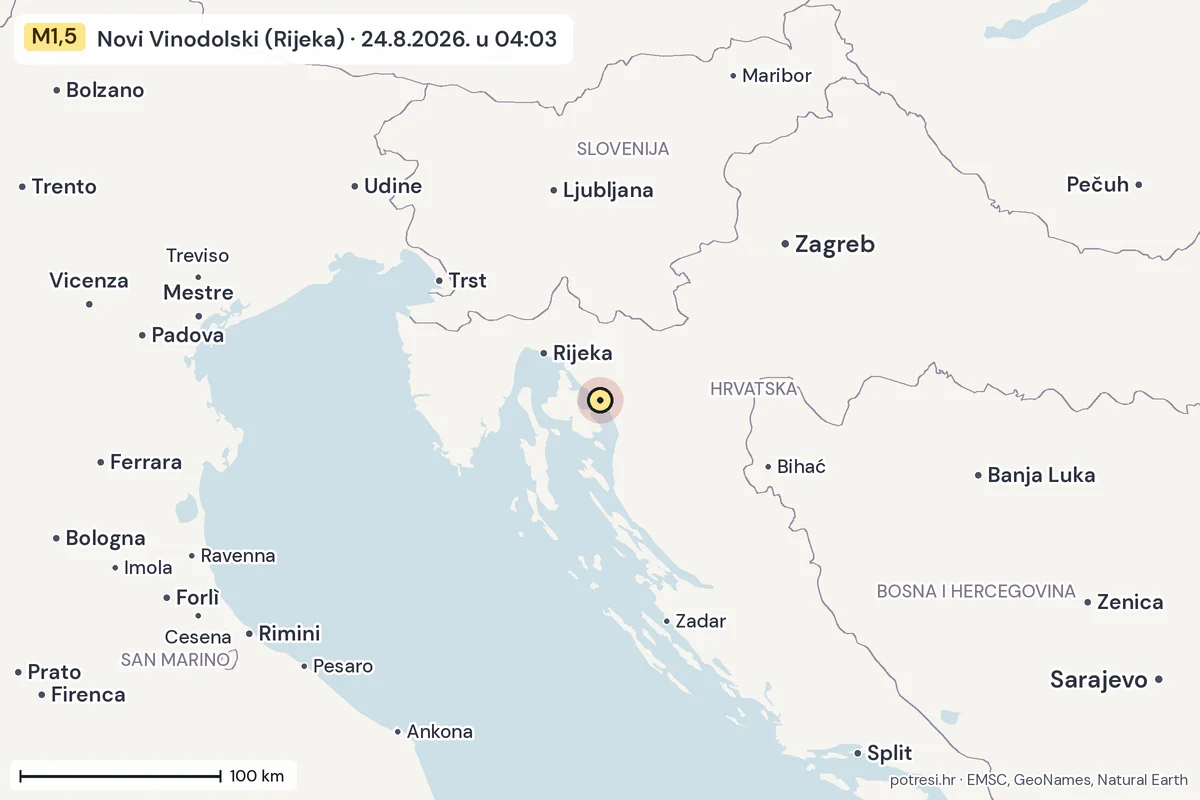 Karta: šire područje, 600 km, potres M1,5, Novi Vinodolski (Rijeka), 24.8.2026.