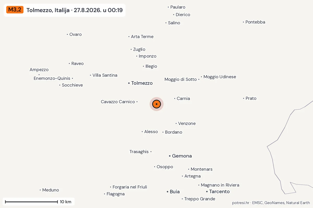 Karta: okolica epicentra, 60 km, potres M3,2, Tolmezzo, Italija, 27.8.2026.