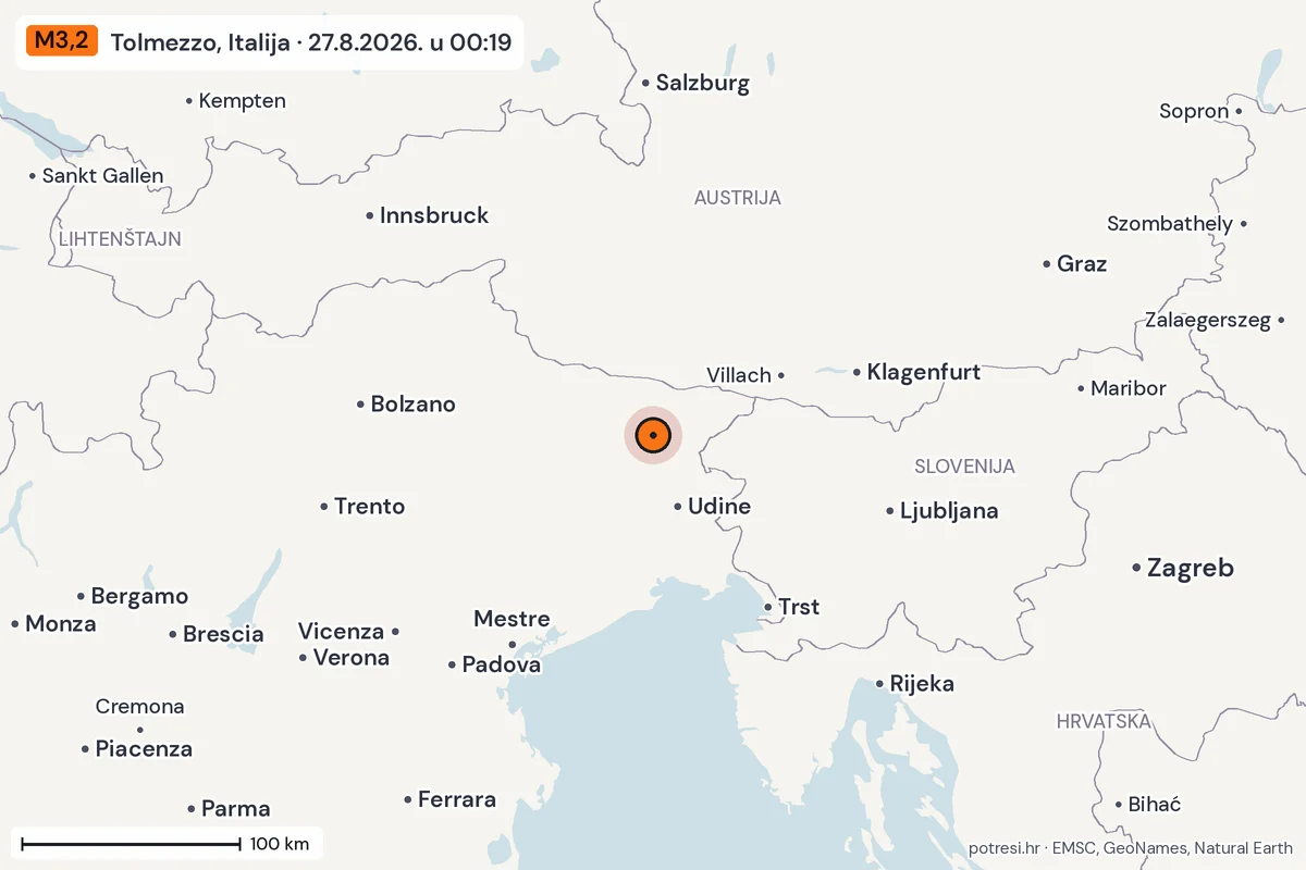 Karta: šire područje, 600 km, potres M3,2, Tolmezzo, Italija, 27.8.2026.